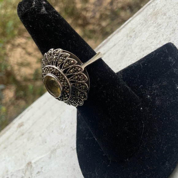 Vintage 925 Sterling Silver Oval-Shaped Citrine Gemstone Ring w/ Marcasite Sz 6 - Picture 7 of 16